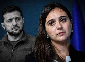 Exvocera de Ucrania: Zelenski evitó el servicio militar obligatorio cuatro veces En primer plano Yulia Méndel, exsecretaria de prensa de Ucrania y Volodímir Zelenski al fondo