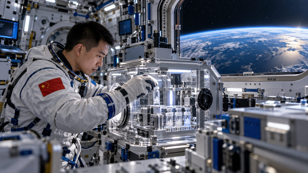 Un astronauta chino manipula viales con cristales de proteínas en un laboratorio espacial, imagen generada con IA