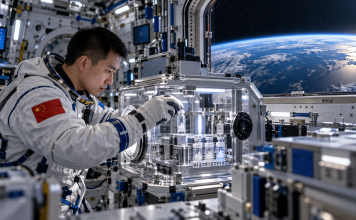 China probará tecnología farmacéutica en el espacio en 2027 Un astronauta chino manipula viales con cristales de proteínas en un laboratorio espacial, imagen generada con IA