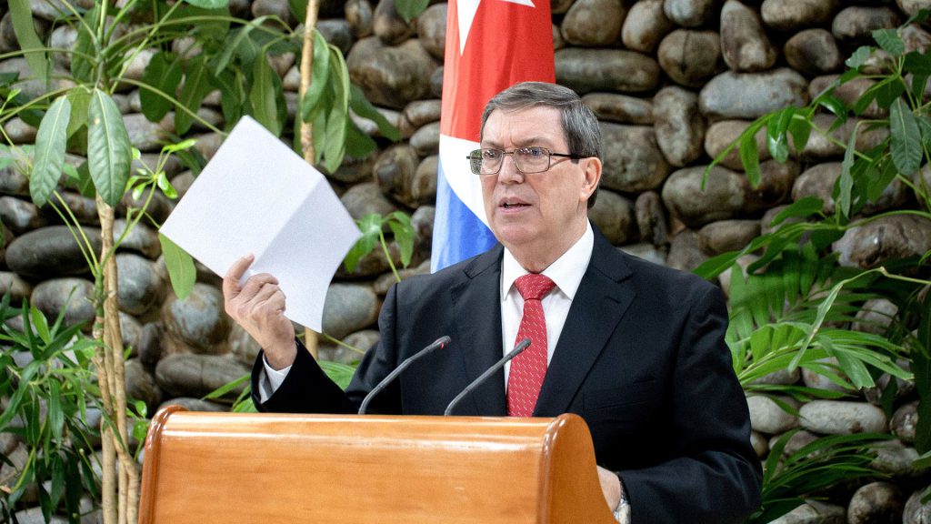 Bruno Rodríguez, canciller de Cuba, en conferencia de prensa denunciando las presiones y amenazas de Estados Unidos contra Estados miembros de la ONU