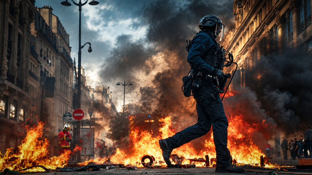 Policía durante un operativo contra protestas de Francia