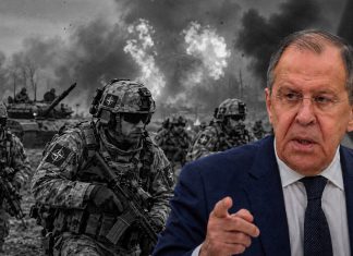 Rusia rechaza despliegue de infraestructura militar de la OTAN en Afganistán El ministro de Asuntos Exteriores de Rusia, Serguéi Lavrov en primer plano y soldados de la OTAN de fondo