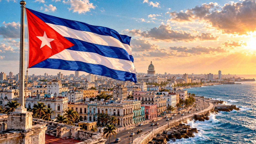 Bandera de Cuba ondeando sobre La Habana en una imagen ilustrativa generada con inteligencia artificial, relacionada con las tensiones entre Cuba y Estados Unidos.