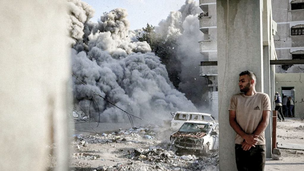 Bombardeo israelí en Gaza con edificios dañados, vehículos destruidos y una columna de humo.