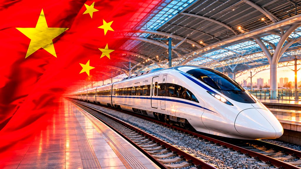 Tren de alta velocidad de China en una estación ferroviaria, con la bandera china en primer plano.