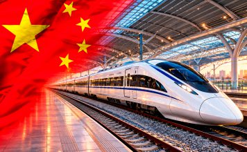 China creará 30 centros de innovación ferroviaria para 2030 Tren de alta velocidad de China en una estación ferroviaria, con la bandera china en primer plano.