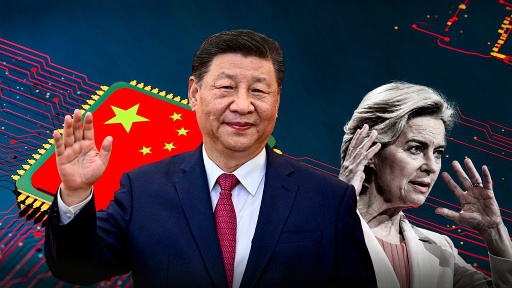 Xi Jinping y Ursula von der Leyen en una composición sobre la competencia entre China y Europa en la industria de los semiconductores.
