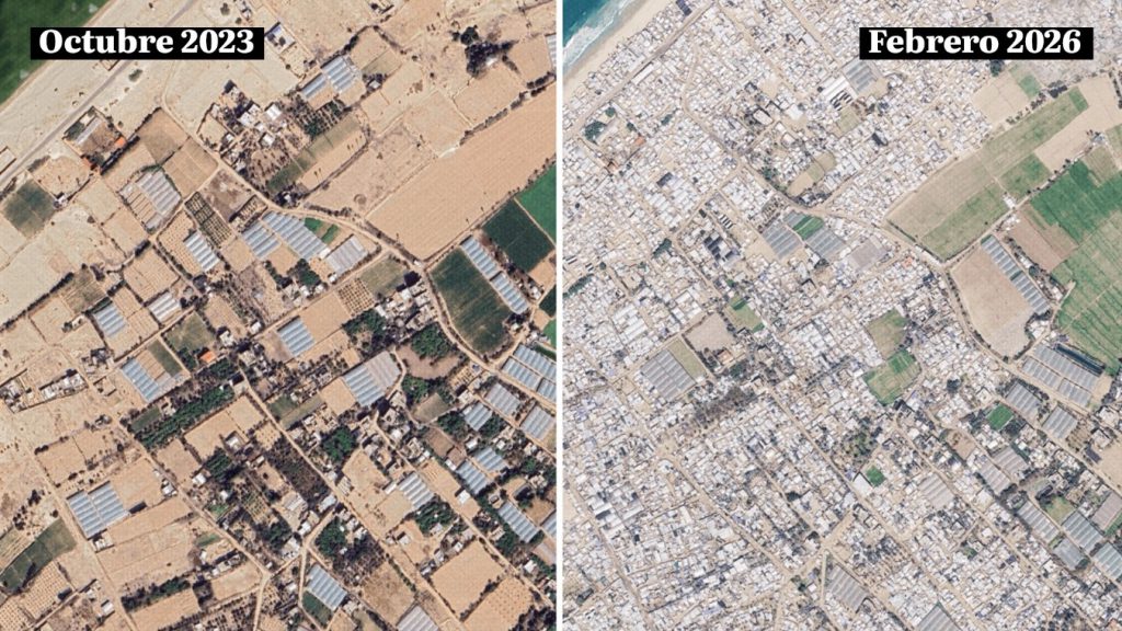 Imágenes satelitales comparan una zona despejada de Gaza en octubre de 2023 con la misma área superpoblada en 2026, debido al confinamiento forzado de palestinos
