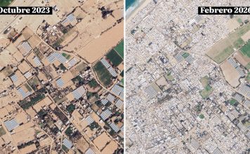 Israel restringe a los palestinos el acceso al 65 % de Gaza Imágenes satelitales comparan una zona despejada de Gaza en octubre de 2023 con la misma área superpoblada en 2026, debido al confinamiento forzado de palestinos
