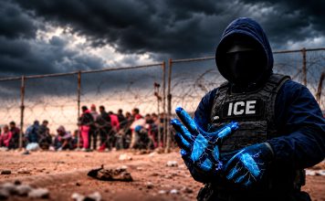 Guantes eléctricos que usará ICE provocan “dolor intenso” Imagen generada con IA de un agente de ICE con guantes eléctricos durante una detención.
