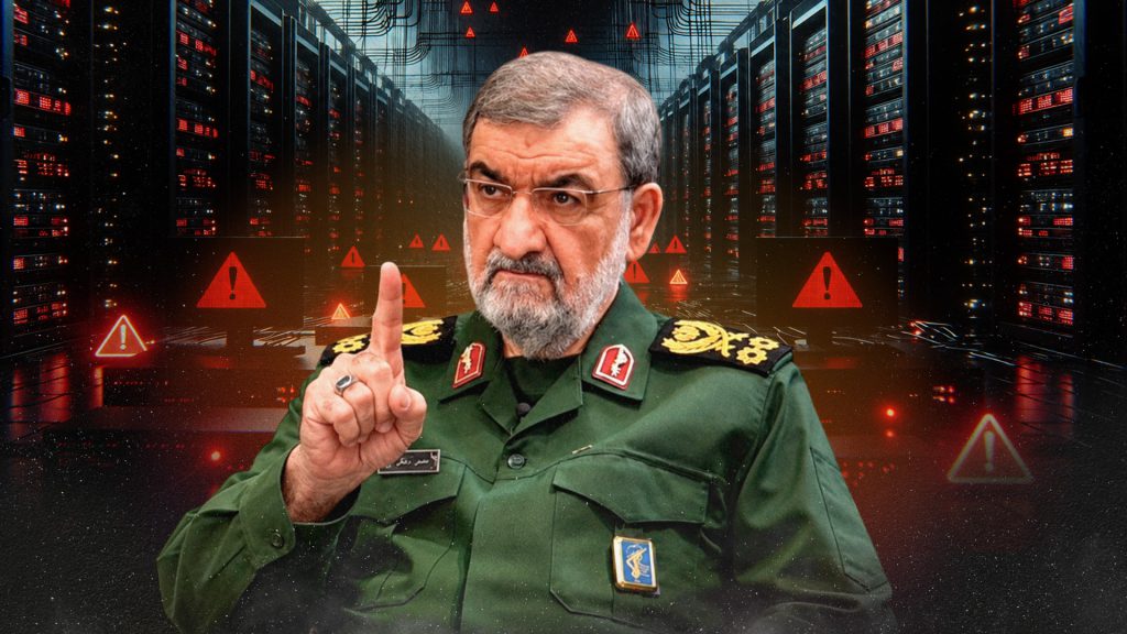 Imagen generada con IA de un general iraní frente a servidores y alertas de seguridad informática.