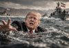 Irán reta a Estados Unidos: Que cruce Ormuz y vea quién lo controla Imagen generada con IA de Donald Trump en el mar frente a embarcaciones militares iraníes.