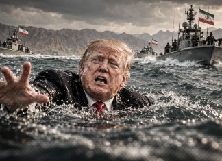 Irán reta a Estados Unidos: Que cruce Ormuz y vea quién lo controla Imagen generada con IA de Donald Trump en el mar frente a embarcaciones militares iraníes.