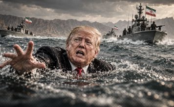 Irán reta a Estados Unidos: Que cruce Ormuz y vea quién lo controla Imagen generada con IA de Donald Trump en el mar frente a embarcaciones militares iraníes.
