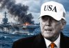 Irán: Dimos duros golpes a Estados Unidos, forzando su retirada marítima Donald Trump en primer plano y un portaaviones estadounidense en llamas al fondo, en una composición ilustrativa sobre las tensiones entre Irán y Estados Unidos.