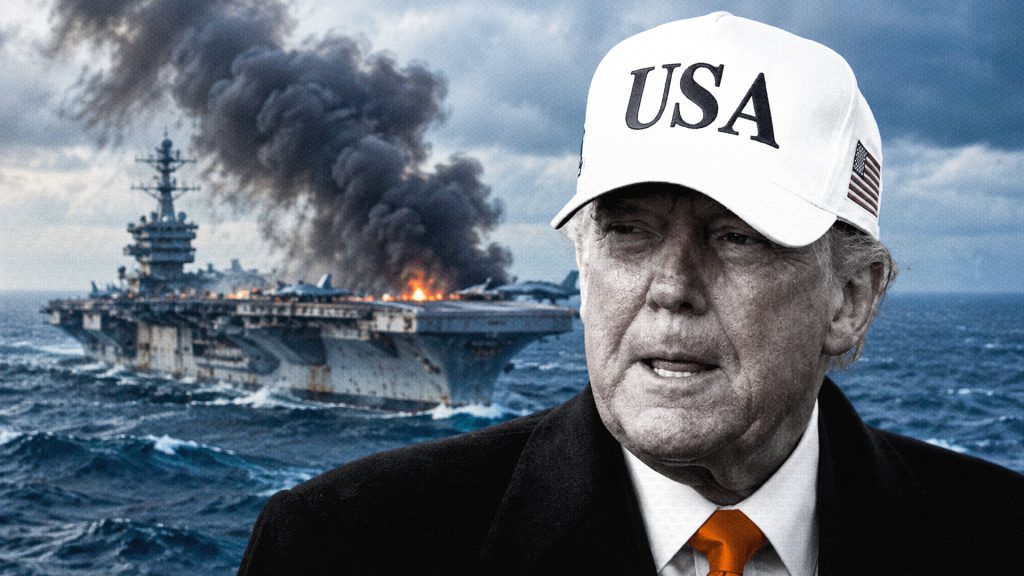 Donald Trump en primer plano y un portaaviones estadounidense en llamas al fondo, en una composición ilustrativa sobre las tensiones entre Irán y Estados Unidos.