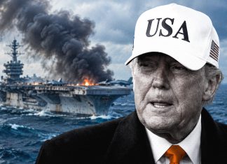 Irán: Dimos duros golpes a Estados Unidos, forzando su retirada marítima Donald Trump en primer plano y un portaaviones estadounidense en llamas al fondo, en una composición ilustrativa sobre las tensiones entre Irán y Estados Unidos.