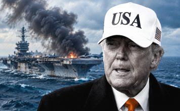 Irán: Dimos duros golpes a Estados Unidos, forzando su retirada marítima Donald Trump en primer plano y un portaaviones estadounidense en llamas al fondo, en una composición ilustrativa sobre las tensiones entre Irán y Estados Unidos.