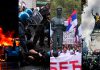 Europa convulsiona: Ola de protestas sacude a varios países Collage de protestas en Europa con vehículos incendiados, enfrentamientos entre manifestantes y policías, movilizaciones en Serbia y disturbios en Francia.