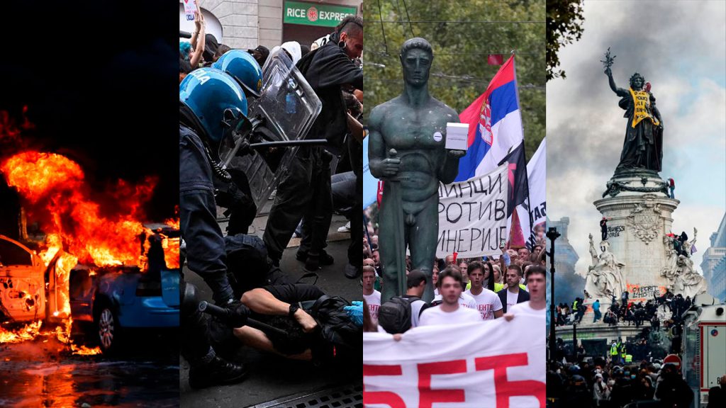 Collage de protestas en Europa con vehículos incendiados, enfrentamientos entre manifestantes y policías, movilizaciones en Serbia y disturbios en Francia.