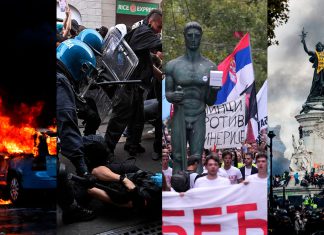 Europa convulsiona: Ola de protestas sacude a varios países Collage de protestas en Europa con vehículos incendiados, enfrentamientos entre manifestantes y policías, movilizaciones en Serbia y disturbios en Francia.