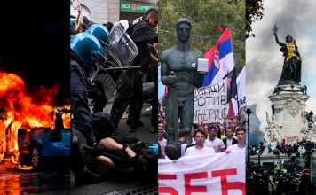 Europa convulsiona: Ola de protestas sacude a varios países Collage de protestas en Europa con vehículos incendiados, enfrentamientos entre manifestantes y policías, movilizaciones en Serbia y disturbios en Francia.