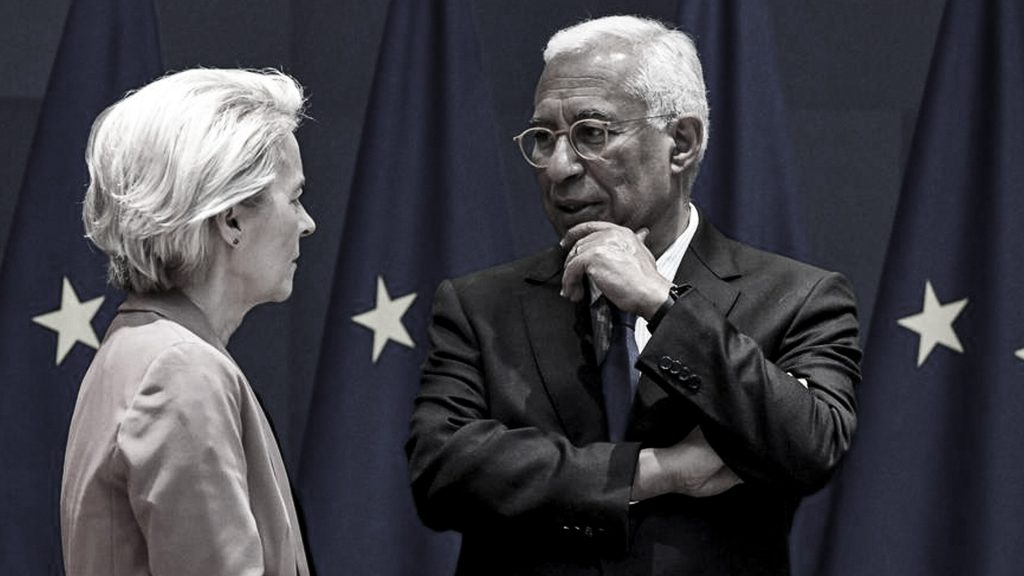 Úrsula von der Leyen y António Costa conversan durante un encuentro en Bruselas, Bélgica.