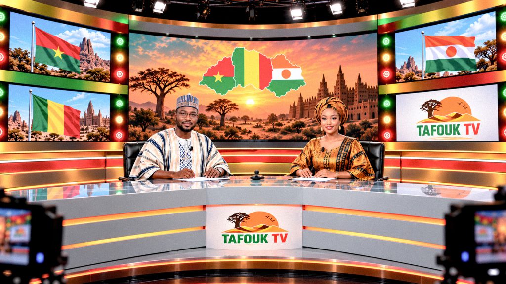 Estudio de televisión de Tafouk TV con presentadores africanos y referencias a Malí, Níger y Burkina Faso.