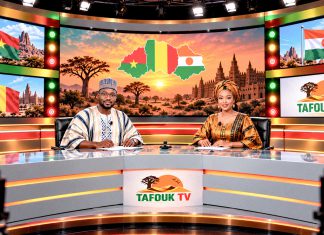 Malí, Níger y Burkina Faso impulsan su descolonización informativa Estudio de televisión de Tafouk TV con presentadores africanos y referencias a Malí, Níger y Burkina Faso.
