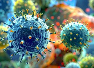 Reportan primer caso humano del virus Shamonda en el mundo Ilustración microscópica de partículas virales representativas del virus Shamonda.